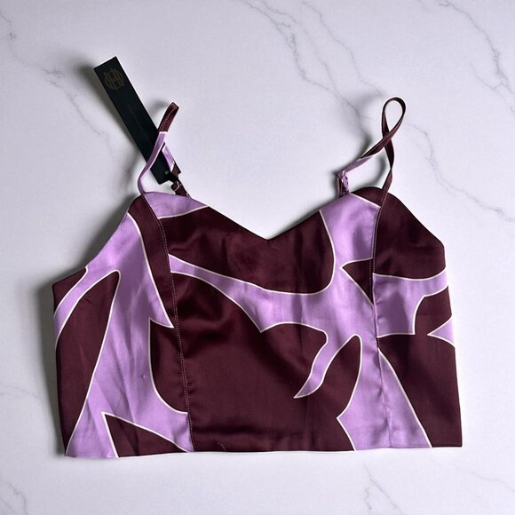 HOUSE OF HARLOW Purple Patterned Satin Crop Top Size Medium NEW NWT - Picture 1 of 7